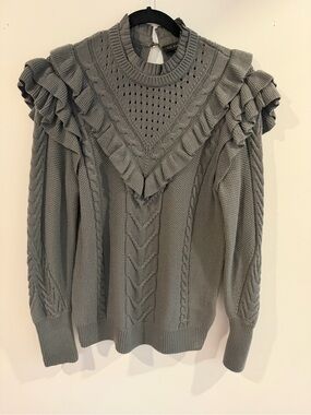 Ted Baker Gray Ruffled Cable-Knit Crewneck Sweater